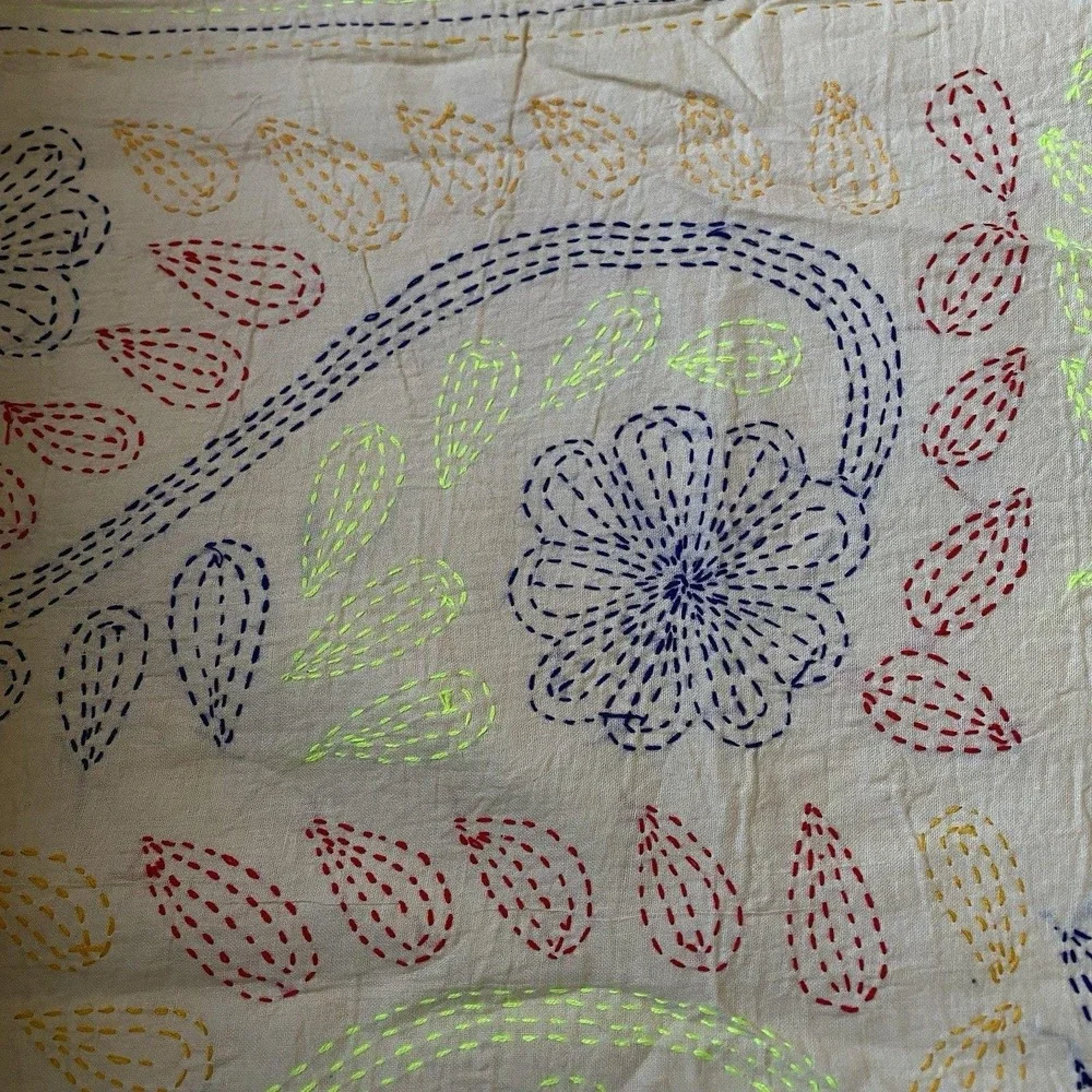 Vintage Handmade Kantha Embroidered Coverlet 80x92 Multicolor Floral Boho